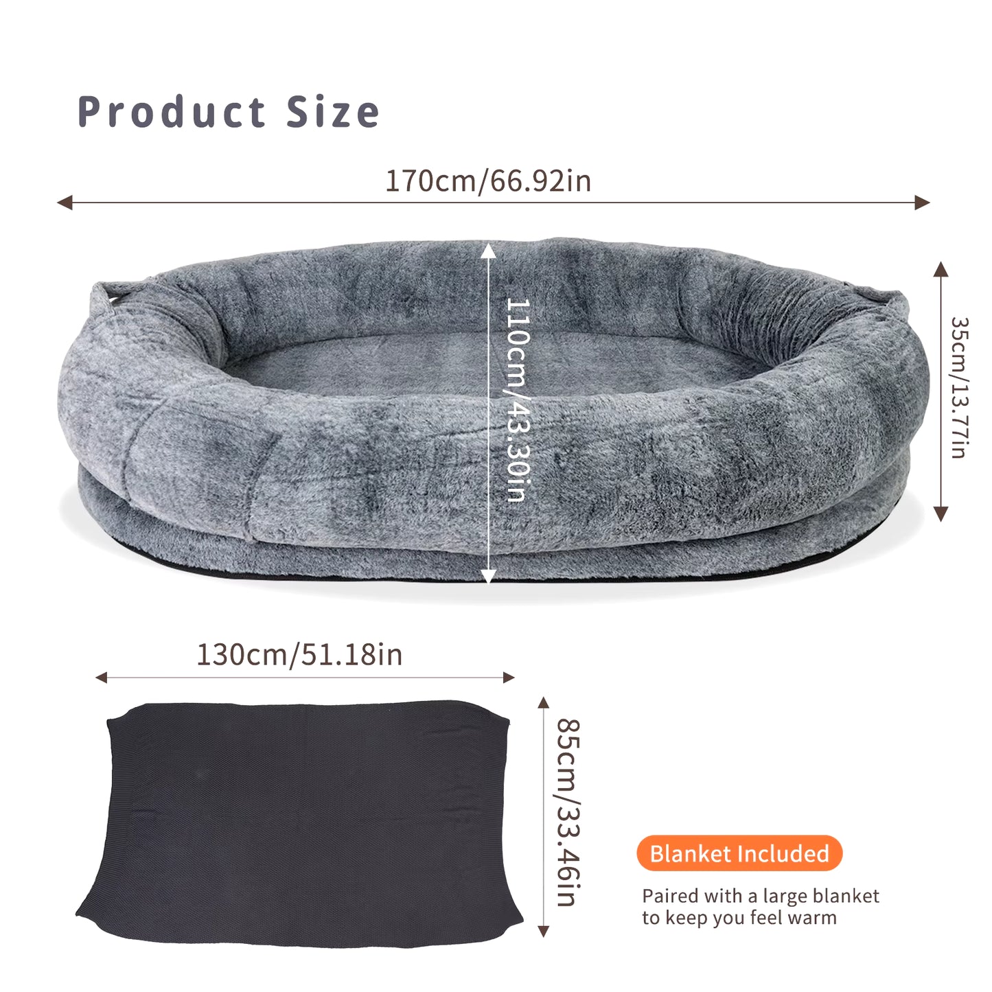 Large Human Dog Bed 66"X43"X17" Human-Sized Big Dog Bed for Adults&Pets Giant Beanbag Bed with Washable Fur Cover and Blanket