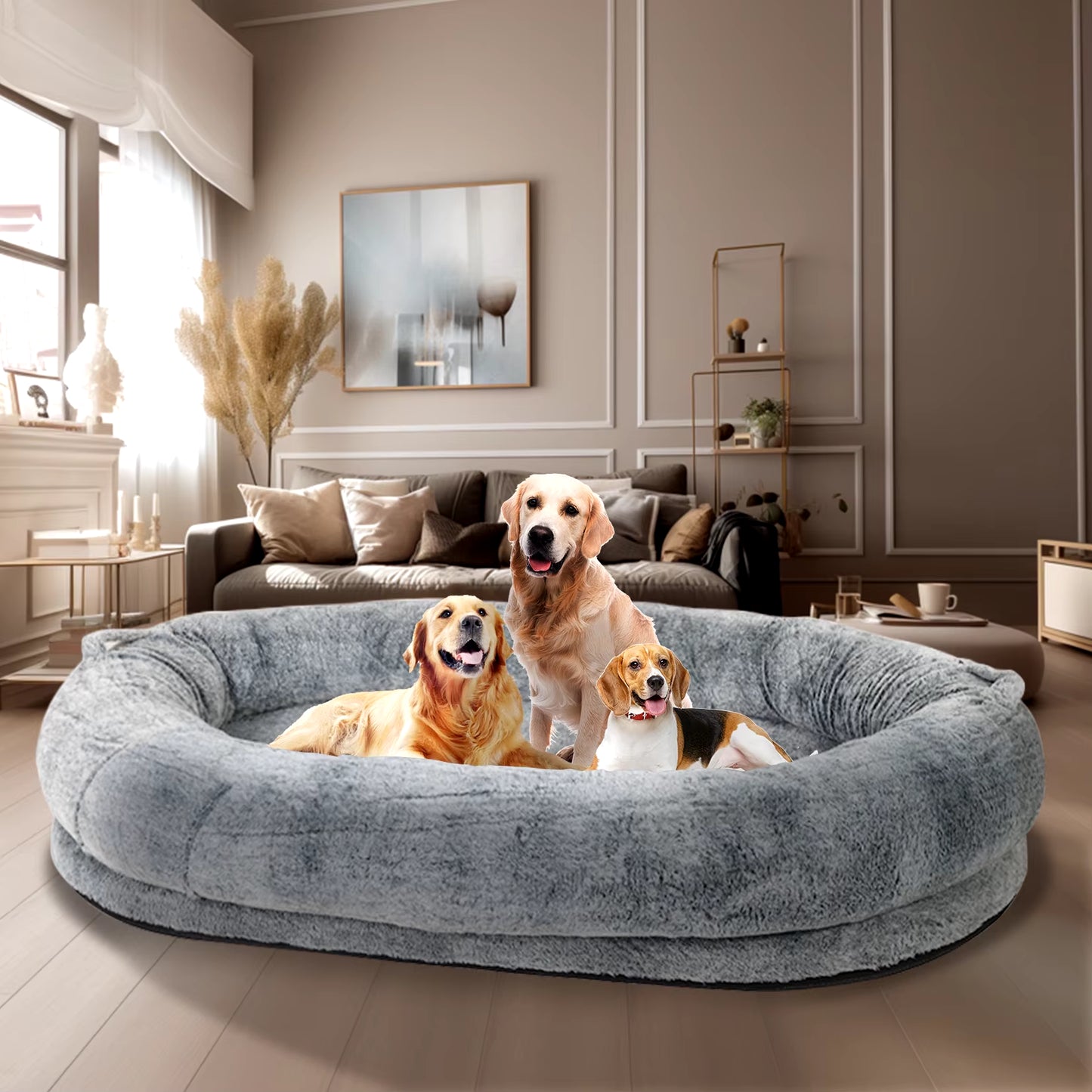 Large Human Dog Bed 66"X43"X17" Human-Sized Big Dog Bed for Adults&Pets Giant Beanbag Bed with Washable Fur Cover and Blanket