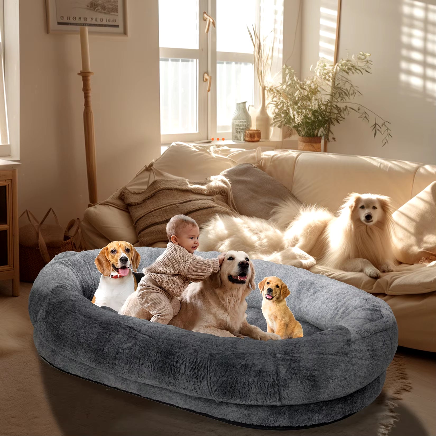 Large Human Dog Bed 66"X43"X17" Human-Sized Big Dog Bed for Adults&Pets Giant Beanbag Bed with Washable Fur Cover and Blanket