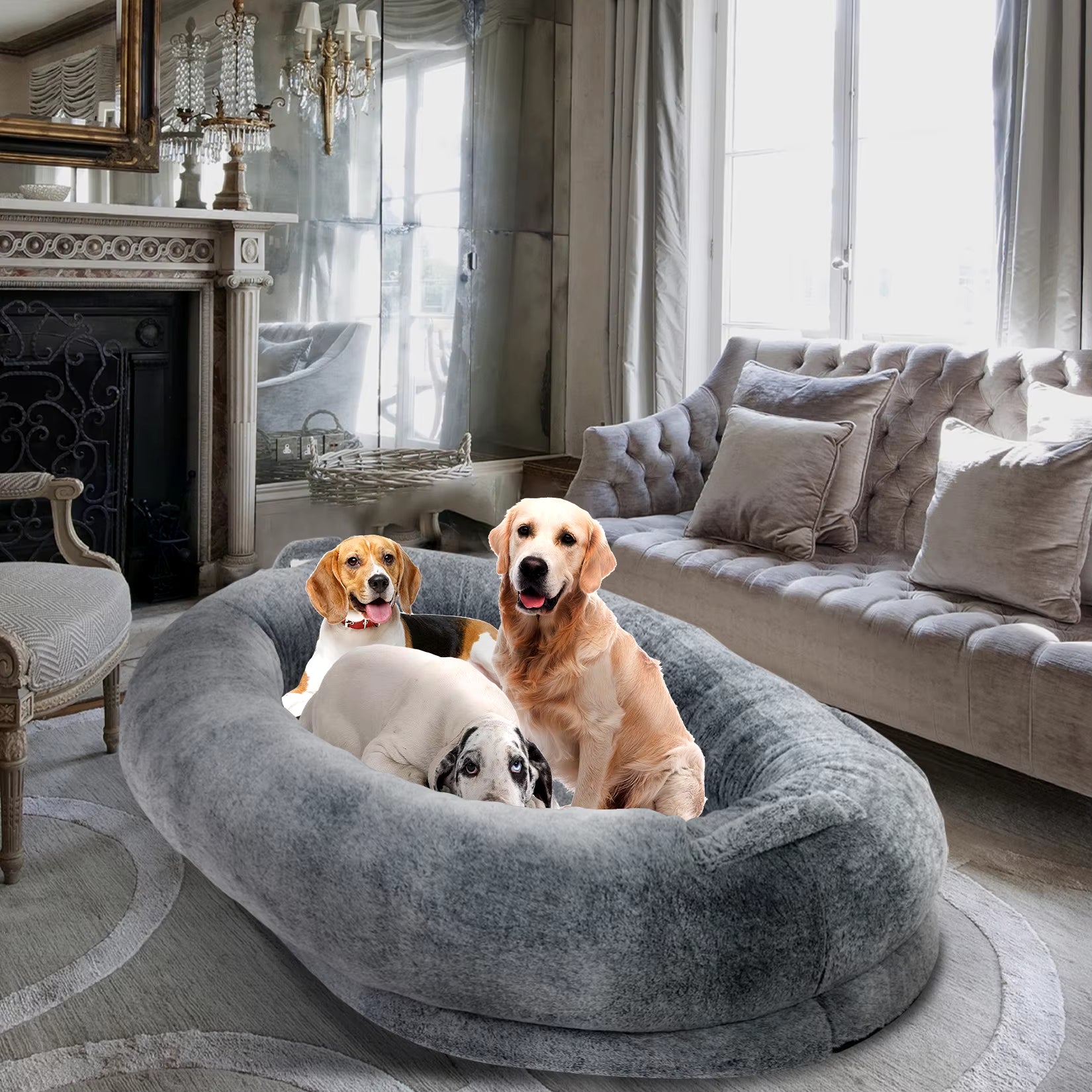 Large Human Dog Bed 66"X43"X17" Human-Sized Big Dog Bed for Adults&Pets Giant Beanbag Bed with Washable Fur Cover and Blanket