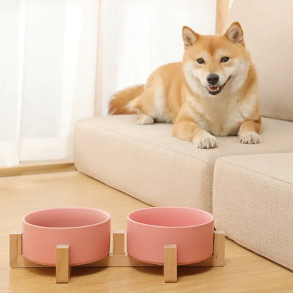 Ceramic Dog Bowl Cat Food Water Bowls with Wood Stand No Spill Large Feeder Dish for Dogs Cats Feeding Puppy Bowls Pet Supplies