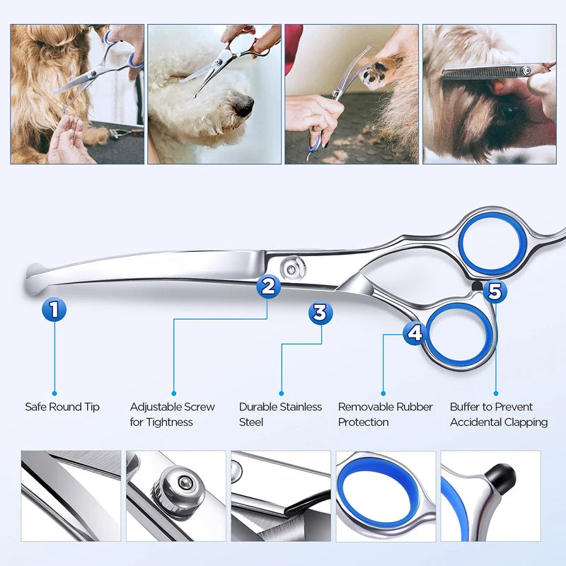 6 in 1 Professional Stainless Steel Sharp Safety round Tip Dog Scissors Heavy Duty Ergonomic Puppy Pet Grooming Scissor