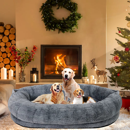 Large Human Dog Bed 66"X43"X17" Human-Sized Big Dog Bed for Adults&Pets Giant Beanbag Bed with Washable Fur Cover and Blanket