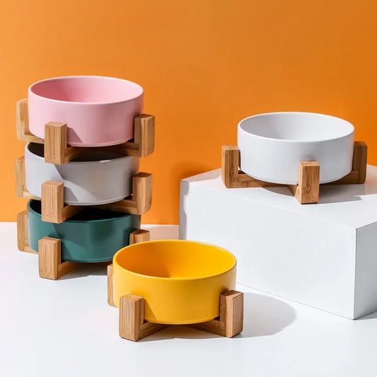 Ceramic Dog Bowl Cat Food Water Bowls with Wood Stand No Spill Large Feeder Dish for Dogs Cats Feeding Puppy Bowls Pet Supplies