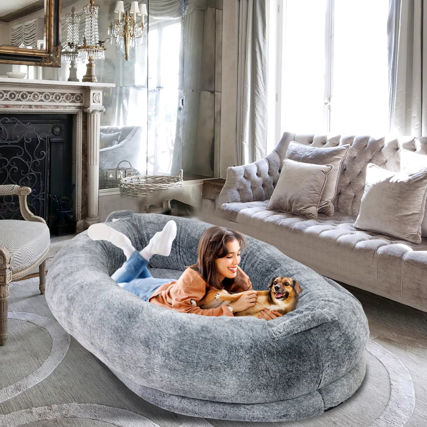 Large Human Dog Bed 66"X43"X17" Human-Sized Big Dog Bed for Adults&Pets Giant Beanbag Bed with Washable Fur Cover and Blanket