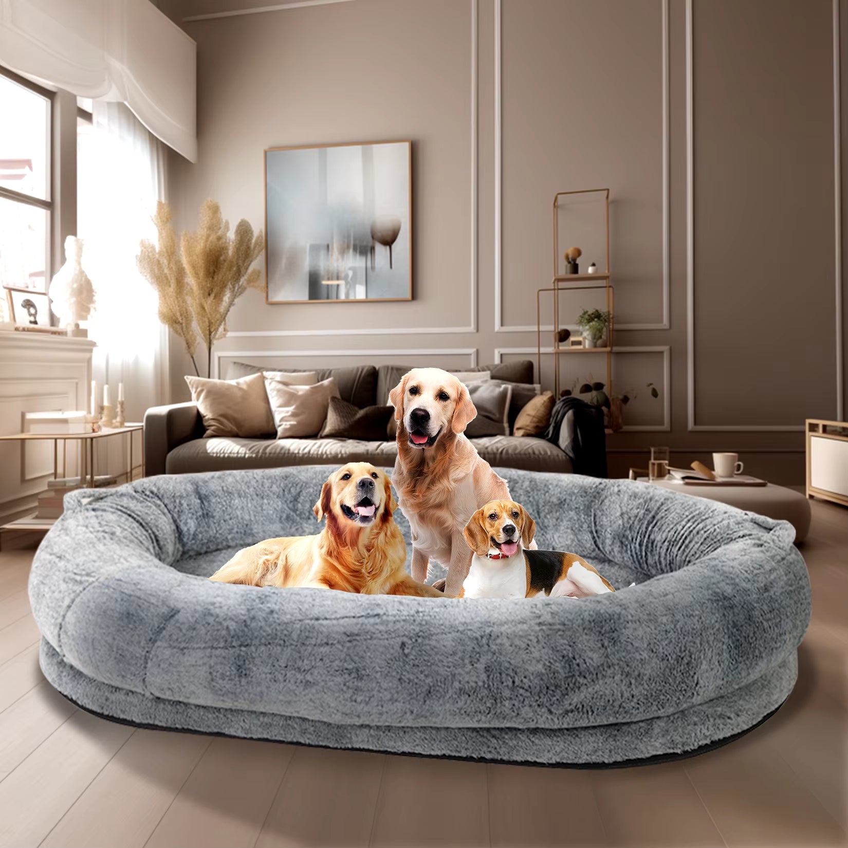 Large Human Dog Bed 66"X43"X17" Human-Sized Big Dog Bed for Adults&Pets Giant Beanbag Bed with Washable Fur Cover and Blanket