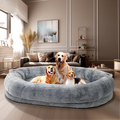 Large Human Dog Bed 66"X43"X17" Human-Sized Big Dog Bed for Adults&Pets Giant Beanbag Bed with Washable Fur Cover and Blanket